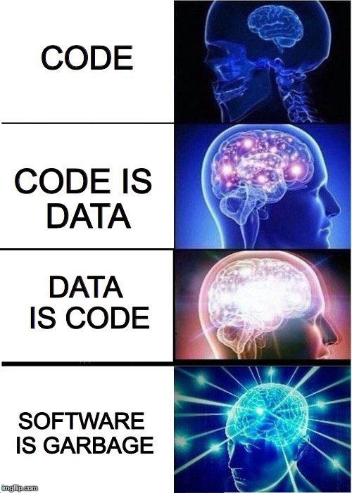 four brains meme: lowest level is "code", then "code is data", followed by "data is code", and finally "software is garbage"