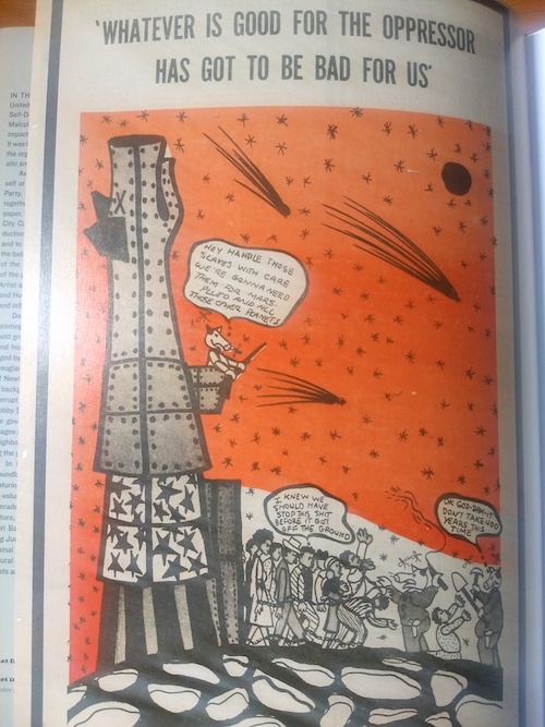 an image of a pig shaped rocket with stars and stripes symbolizing US imperialism in space exploration; at the top are the words "whatever is good for the oppressor has got to be bad for us"